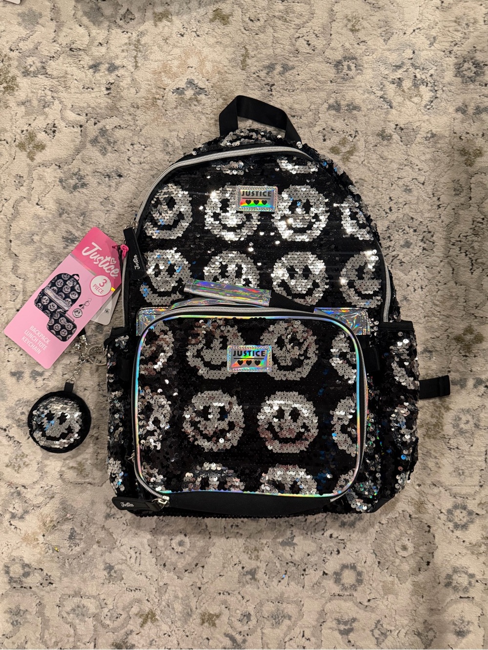 Justice Smiley Face Sequin Backpack Set 🖤✨